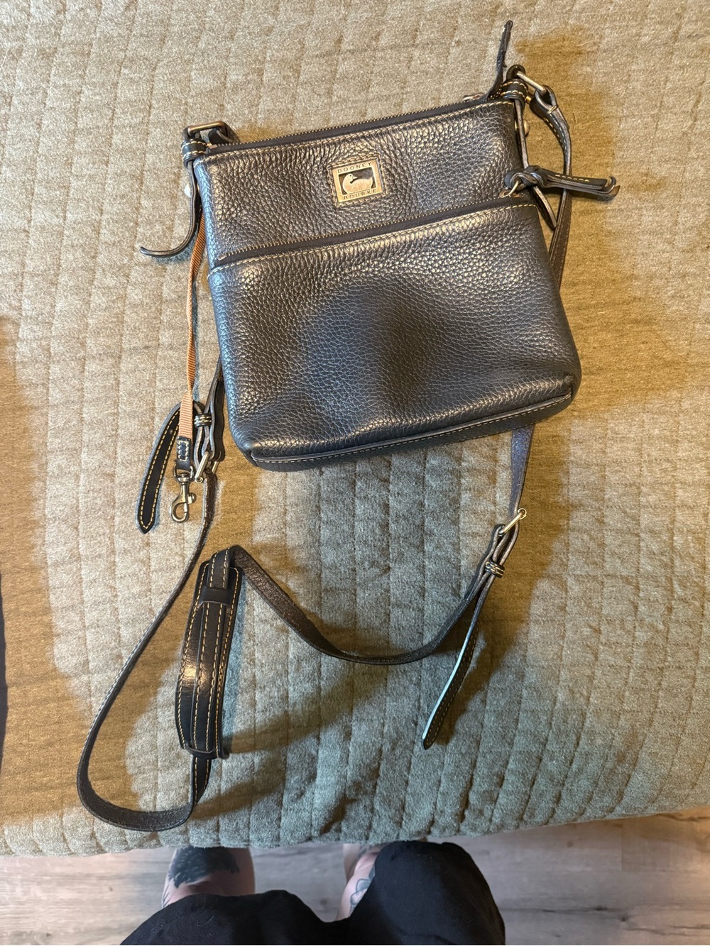 Dooney & Bourke Black Pebbled Leather Small Crossbody Bag with Gold Plaque